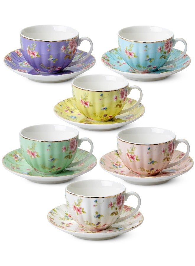 Brew To A Tea BTaT- Floral Tea Cups and Saucers Set of 6 (7 oz), Porcelain Tea Cups Set of 6, Pastel Bloom Design with Gold Trim, Dishwasher & Freezer Safe - Image 1